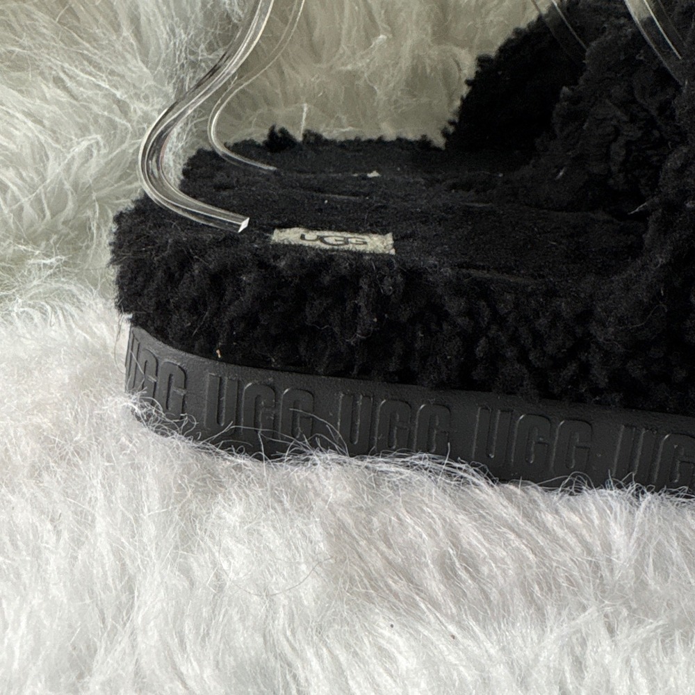 UGG Fluffita‎ Black Curly Sheepskin Platform Slide Sandals Womens Buckle Strap - Picture 3 of 8